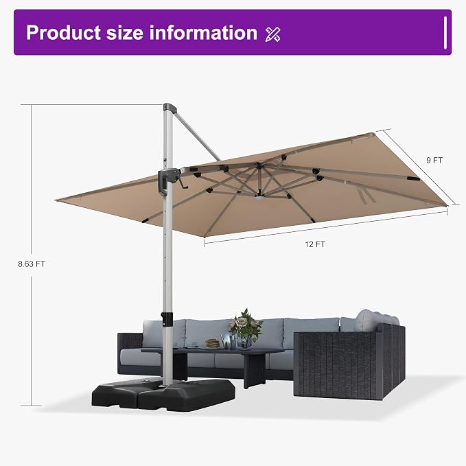 PURPLE LEAF Cantilever Umbrella 9' X 12' Solar LED Light Patio Deck, Support to - Image 8