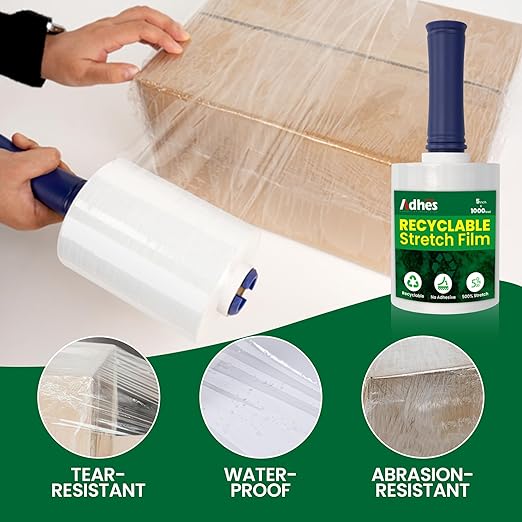 Adhes Recyclable Stretch Wrap Film 5 Inch x 1000 Feet, 2 Rolls with Handle, Heavy Duty Plastic Pallet Wrap for Moving, Packing, Shipping, Eco-Friendly, Tear Resistant, Self Adhering Clear Film