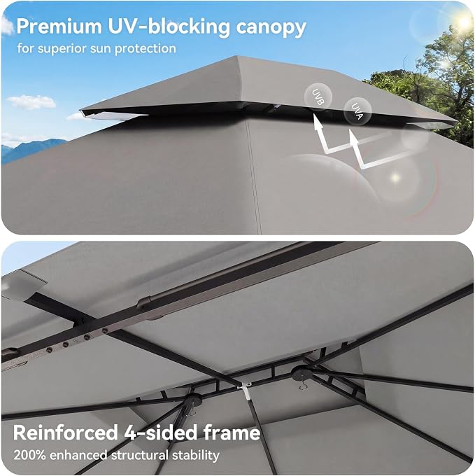 12'x10' Gazebo with Light, Outdoor Gazebo with Double Roofs | Metal Frame Canopy - Image 4