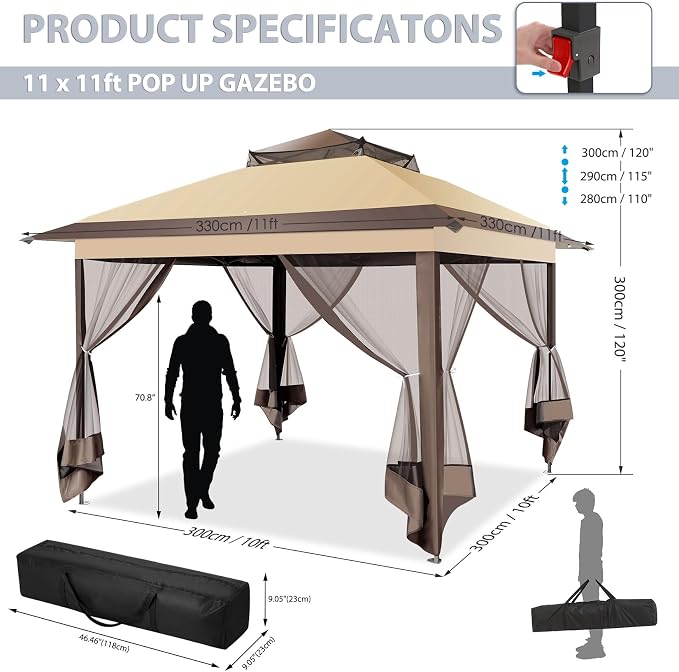 COBIZI Pop Up Gazebo 11x11 Canopy Tent, Outdoor Screened Gazebo Shelter - Image 5
