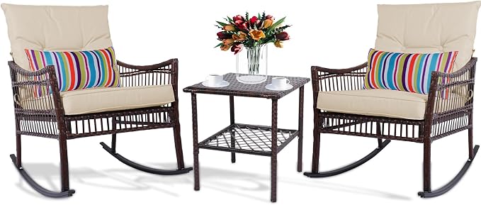 DECMICO 3-Piece Patio Furniture Set, Wicker Rocking Chairs - Image 9