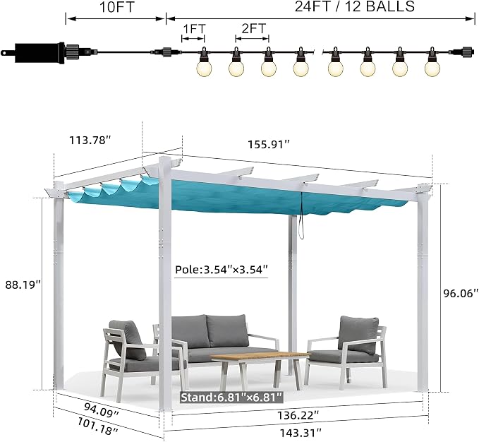 PURPLE LEAF Outdoor Pergola 10' x 13' Retractable Sun Shade, Turquoise Blue | - Image 6