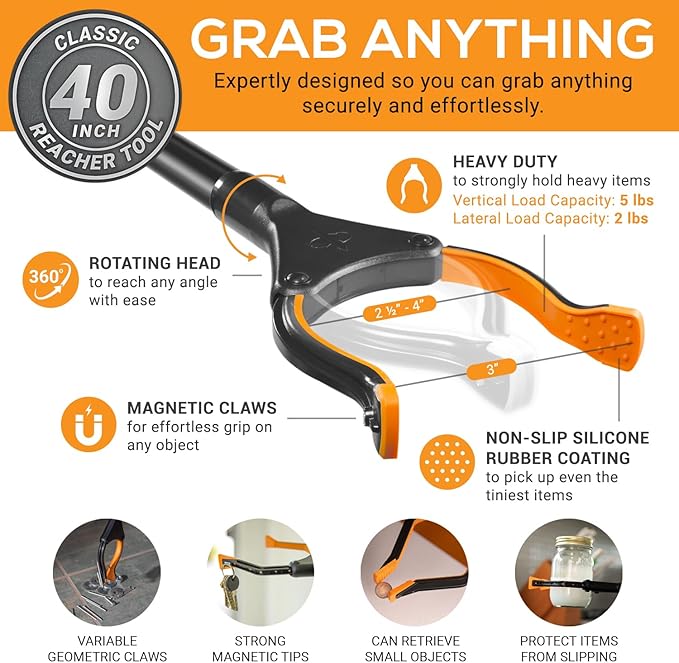 EZPIK Classic 40" Flexible Folding Grabber Tool for Elderly + Magnets, Reacher for Disabled & Seniors Heavy Duty Rotating Grippers for Reaching Underneath, Trash Grabbers & Pickers for Mobility 2-Pack
