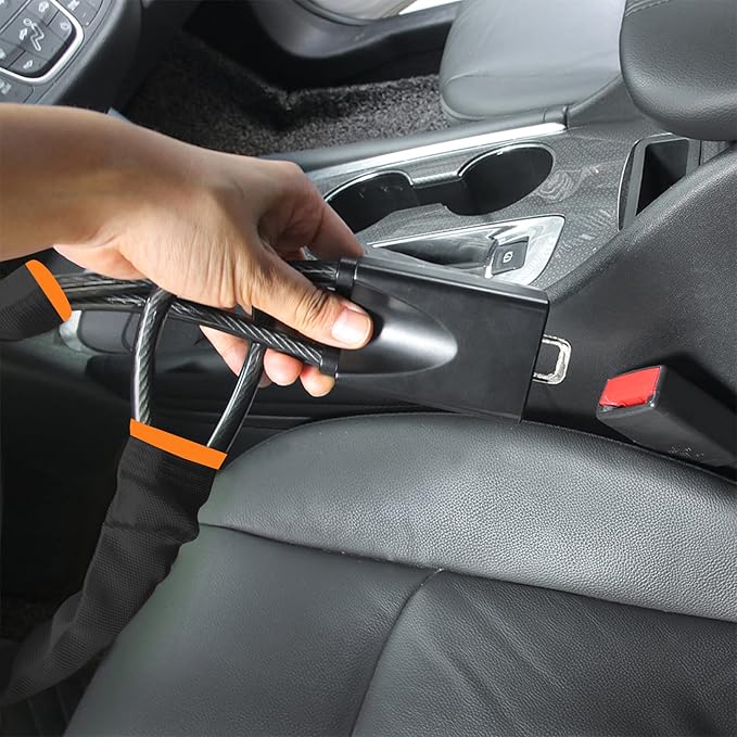KAYCENTOP Car Steering Wheel Lock, Seat Belt Lock, Anti-Theft Device, Max 17 Inch Length, Small and Light-Weight, Multi-Functional, Fit Most Vehicle, SUV, Golf Cart Security (Black)