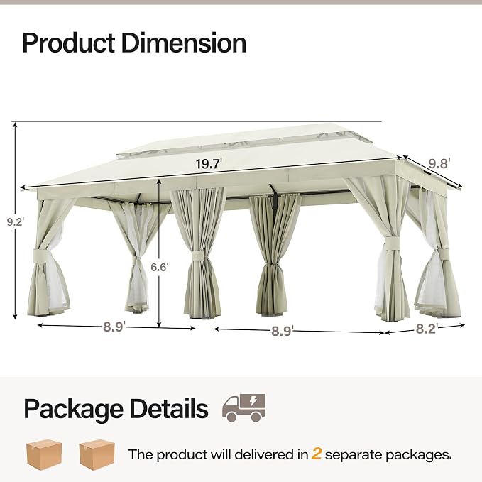 10'x20' Outdoor Gazebo, Metal Frame Heavy Duty Patio Canopy Tent Shelter - Image 2