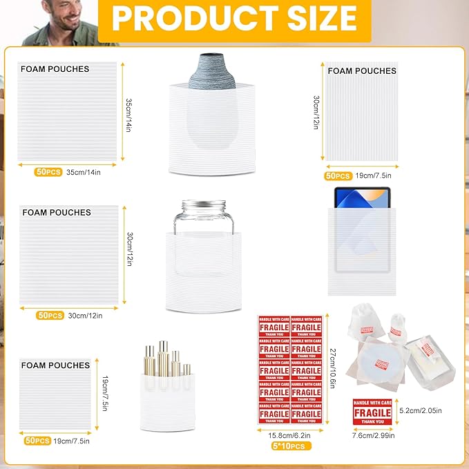 250PCS Packaging Supplies,200 Pack Foam Pouches 4 Sizes(14"x14", 12"x12", 12"x7.5", 7.5"x7.5") with 50 Fragile Stickers,Cushion Foam Pouch for Moving,Packing,Transportation,Storage