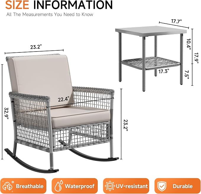 DECMICO 3 Piece Outdoor Rocking Chair Set, Wicker Bistro Furniture | Washable - Image 2