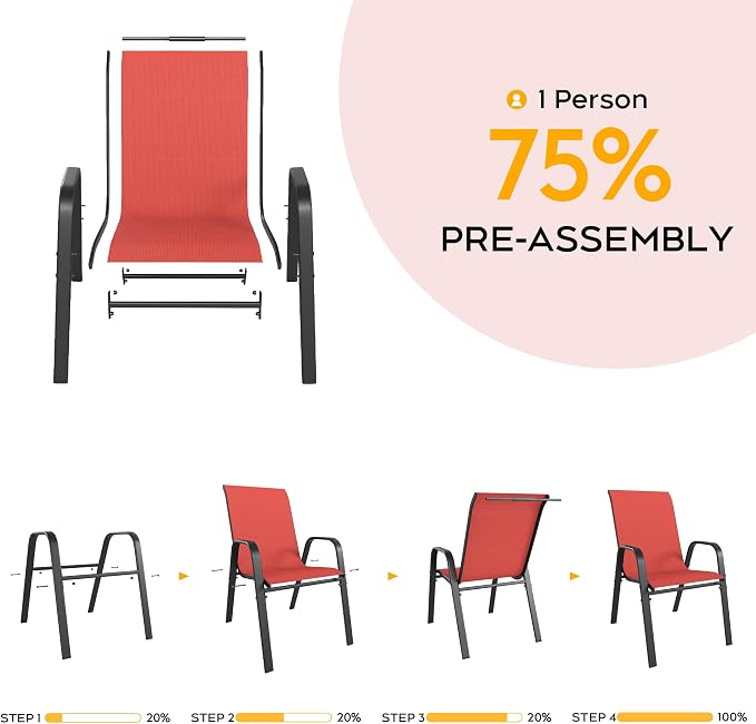 Red Patio Chairs Set of 6, Stackable Outdoor Dining Chairs - Image 5
