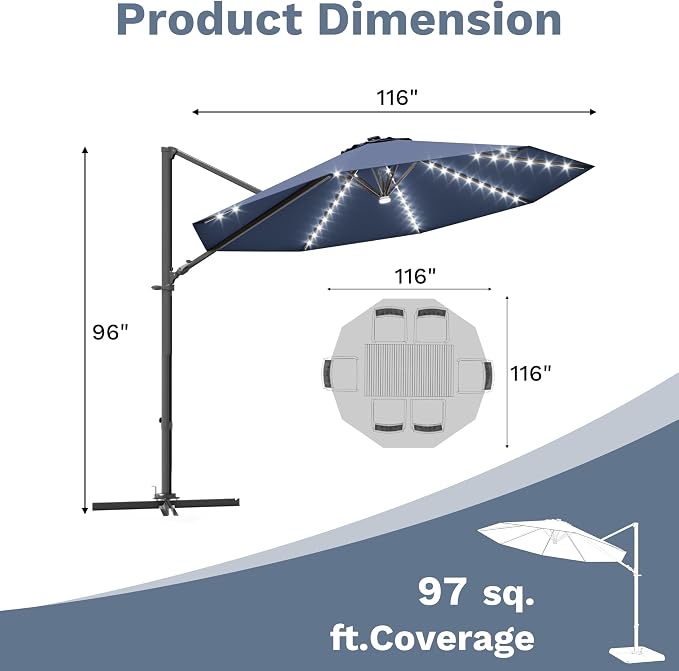 Devoko 10ft Solar LED Patio Umbrella, Round Cantilever Outdoor Umbrella - Image 3