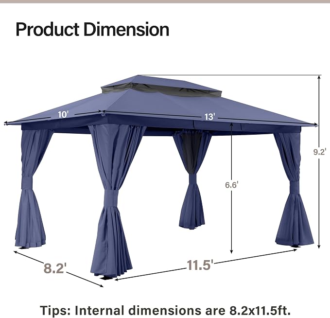 10'x13' Outdoor Gazebo, Metal Frame Heavy Duty Patio Canopy Tent Shelter - Image 2