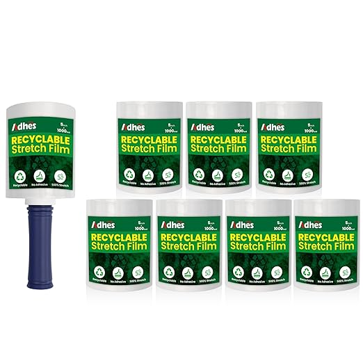 Adhes Recyclable Stretch Wrap Film 5 Inch x 1000 Feet, 8 Rolls with Handle, Heavy Duty Plastic Pallet Wrap for Moving, Packing, Shipping, Eco-Friendly, Tear Resistant, Self Adhering Clear Film