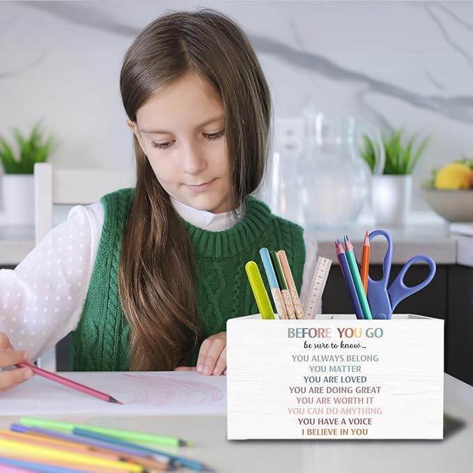 Boho Classroom Decor Pen Holder for Desk, Inspirational Pencil Organizer, Before You Go Be Sure to Know Positive Wooden Box Sign Desk Decor for Classroom Kids Room Decoration