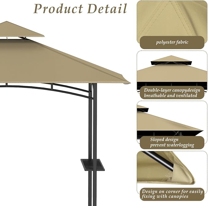 5x8Ft Grill Gazebo Replacement Top, Khaki Canopy Top Cover Only | Double-Layer - Image 4