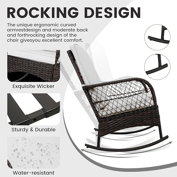 3pcs Modern PE Wicker Outdoor Rocking Chairs & Glass Table Set - Image 4