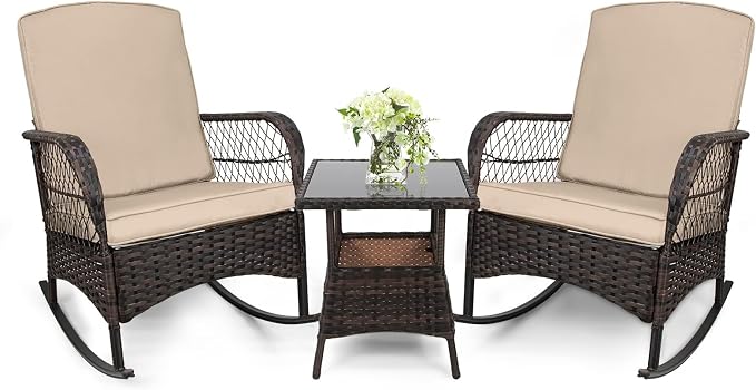 3 pcs Rocking Bistro Set Conversation Chairs PE Wicker Outdoor Rocking Chairs & by Enjoyyourlife