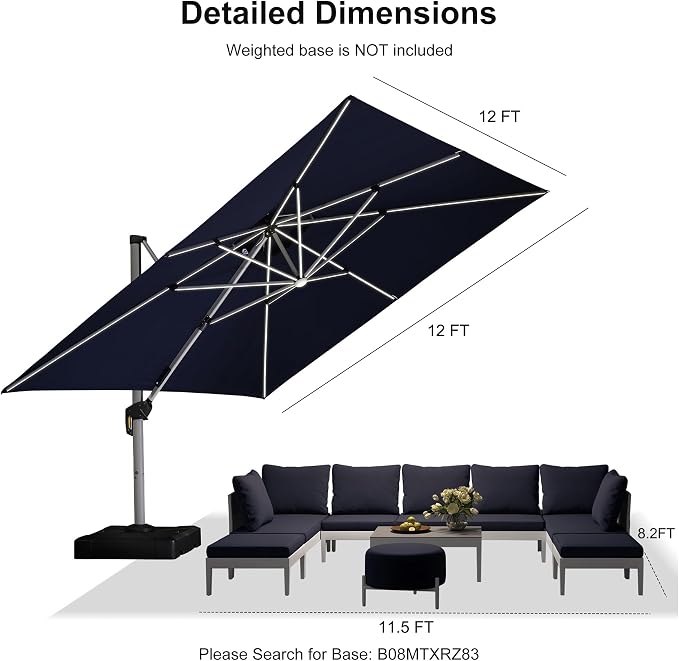 PURPLE LEAF Patio Umbrella 12'X12' Double Top Solar LED Light, Support to - Image 9