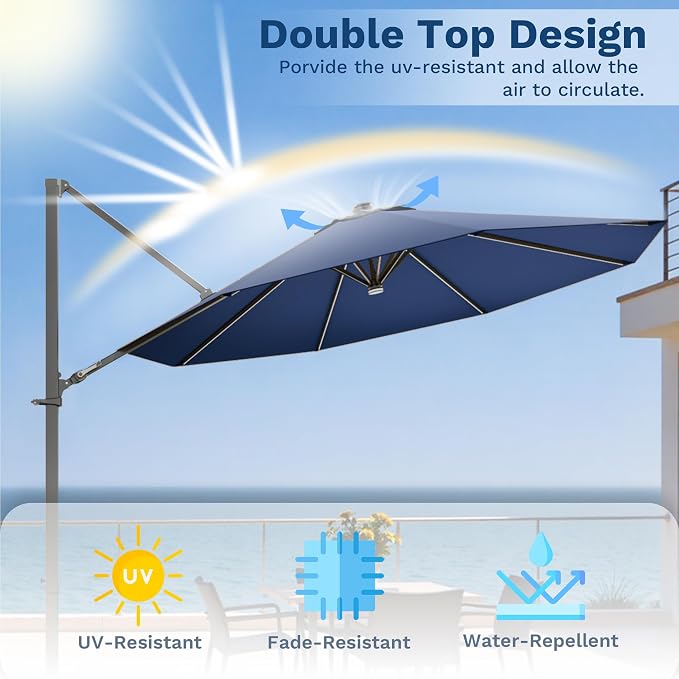 Devoko 10ft Solar LED Patio Umbrella, Round Cantilever Outdoor Umbrella - Image 8