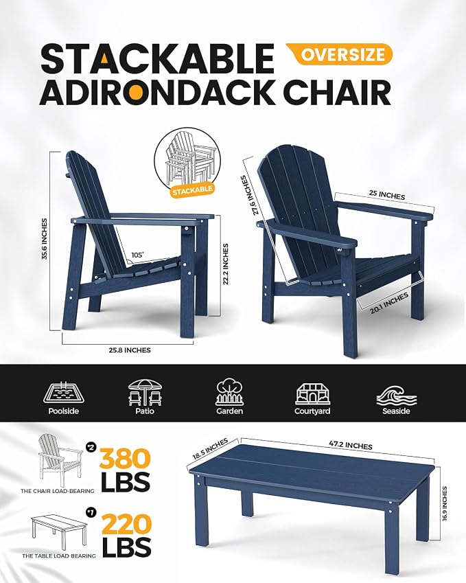 Stackable Set, 2 Chairs with Table, All-Weather HDPE, 380 lbs Each+47.2in Long - Image 2