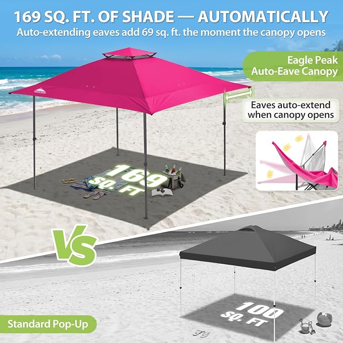 EAGLE PEAK 13x13 Pop Up Canopy Tent, Auto Extended Eaves, Deep Pink | Easy Setup - Image 4