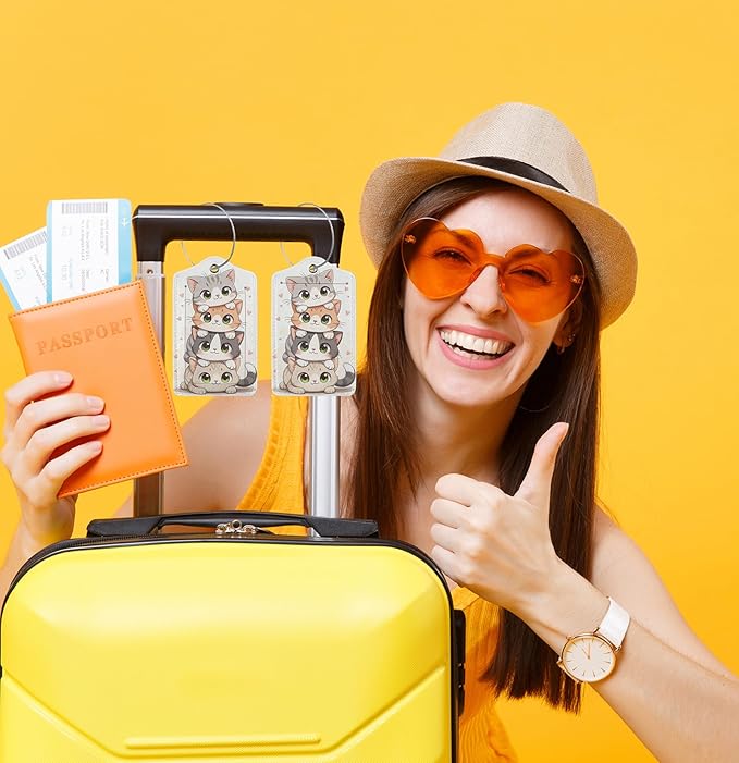 TSA Approved Luggage Tags for Suitcases Cute cat 2 Pack Funny Leather Carnival Cruise Airport Cute Travel Name Tags Golf Bag tag Ships Essentials Privacy Cover ID Label for Women Men