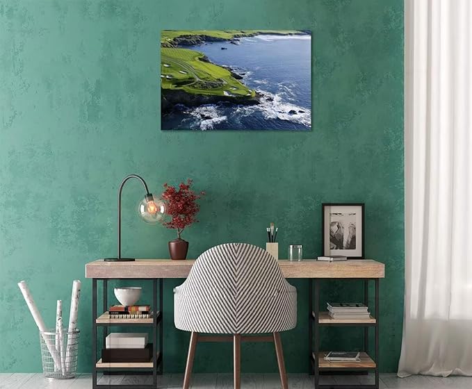 Pebble Beach Golf Course Canvas Wall Art for Living Room Bedroom Bathrooom Home Decorations California Coastal Golf Course Picture Poster Framed Artwork Ready to Hang(12''H x 16''W)
