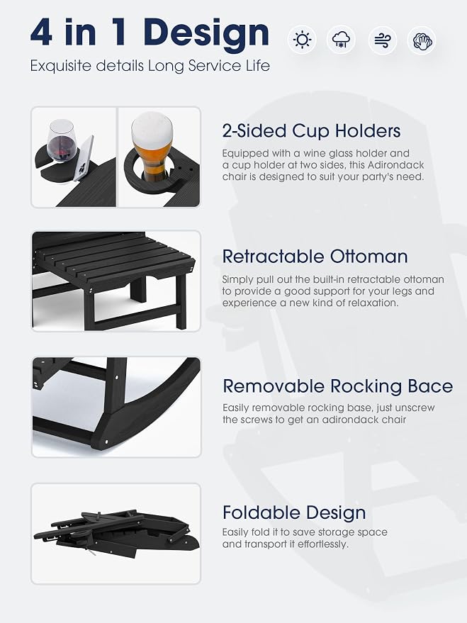 Adirondack Rocking Chair with Ottoman and Cup Holders | HDPE Porch Rocker - Image 4