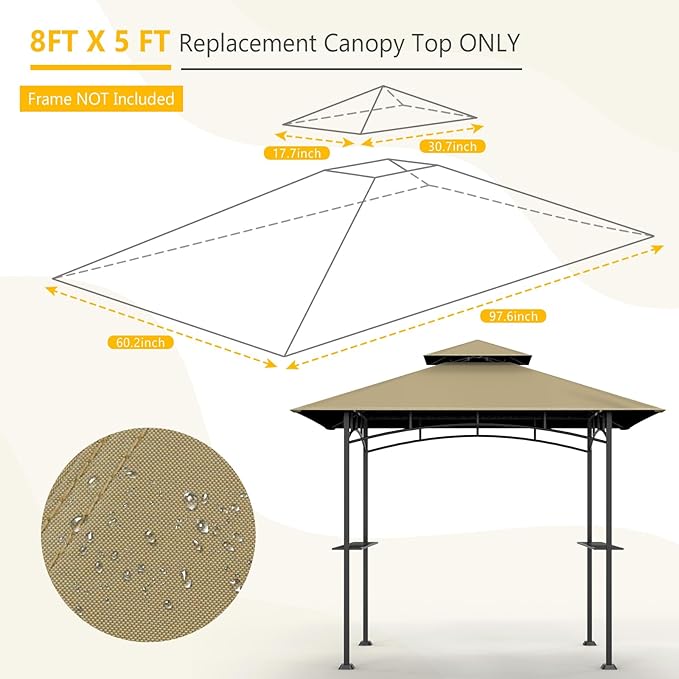 Grill Gazebo Canopy Replacement, 5 x 8 Ft, Khaki | Only Fits Model L-GG001PST-F - Image 2