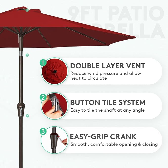 JEAREY 9FT Outdoor Patio Umbrella, Market Umbrella, Burgundy | Outdoor Table - Image 2