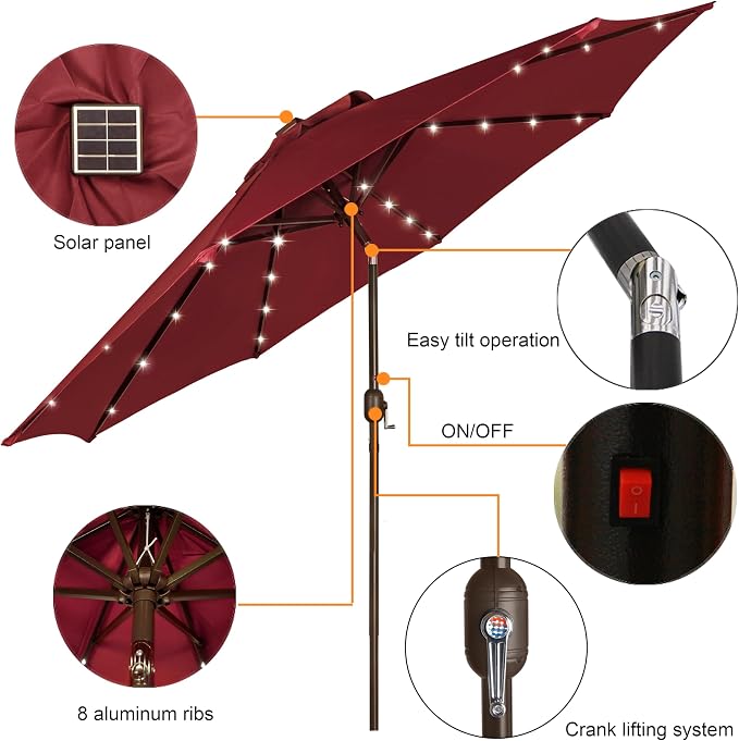 9 ft Solar Umbrella, 32 LED Lighted Patio Umbrella, Table Market Umbrella - Image 2