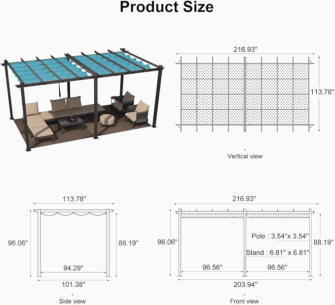 PURPLE LEAF Outdoor Pergola 10' X 18' Retractable Aluminum Turquoise Blue | - Image 7