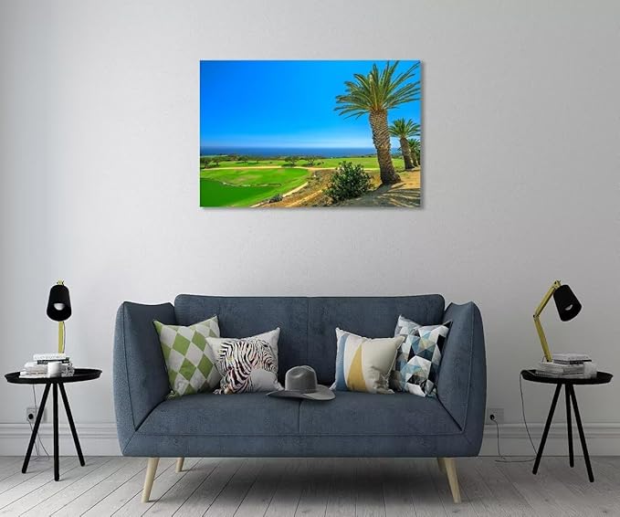 USA California Golf Course with Palm Tree Wall Art Picture California Coastline Golf Course Wall Decor for Living Room Bedroom Bathroom Home Decorations Framed Ready to Hang(12''H x 16''W)