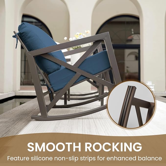 UDPATIO Rocking Chair Outdoor Oversized Metal Bistro Set 6.5" Cushion Navy | 3 - Image 5