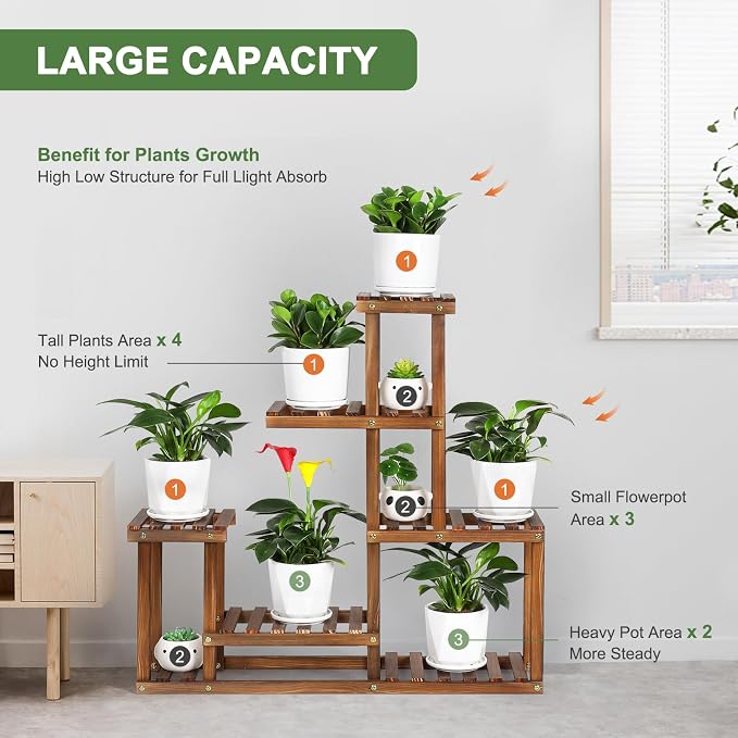 Wood Plant Stand Indoor Outdoor Multi Tiered Plant Shelf Holder | Corner High - Image 3