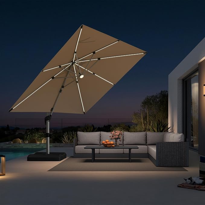 PURPLE LEAF Cantilever Umbrella 10' X 10' Solar LED Light Patio Deck, Support by PURPLELEAF