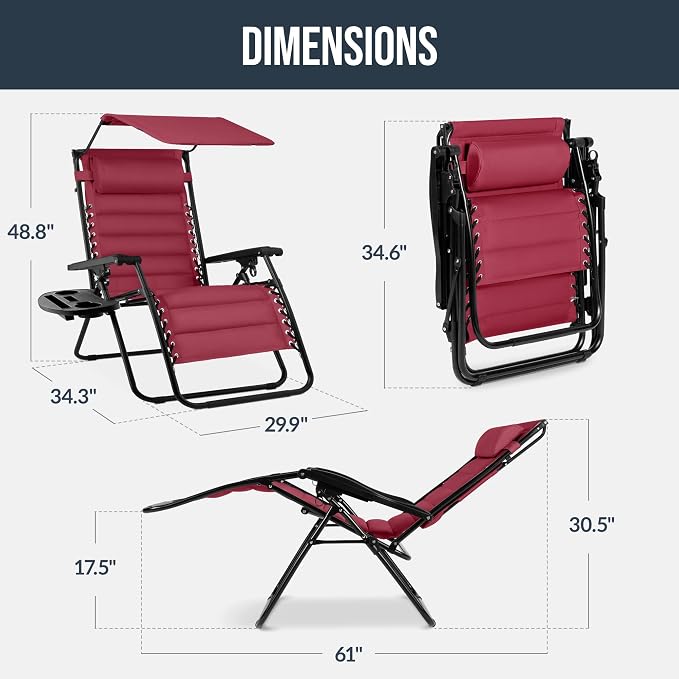 Best Choice Products Oversized Padded Zero Gravity Chair w/Canopy Headrest Cup - Image 2