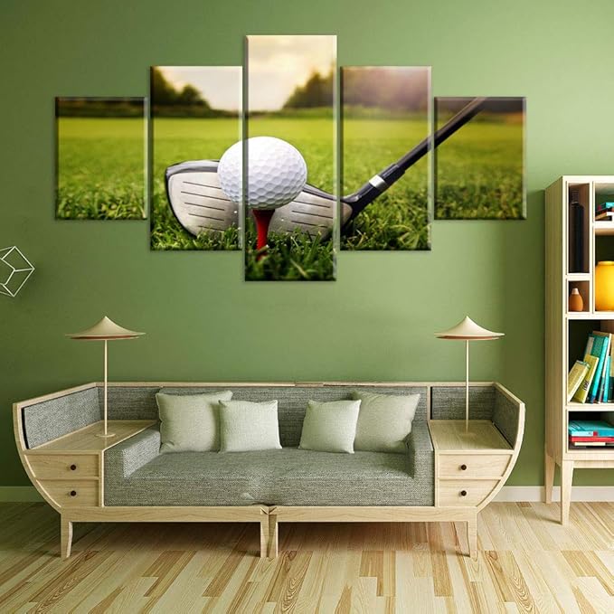 Rustic Wall Art Golf Club and Ball in Grass Pictures for Living Room Golfing Sport Paintings Gallery-Wrapped 5 Panels Printed on Canvas Home Modern Decor Framed Ready to Hang(60''W x 32''H)