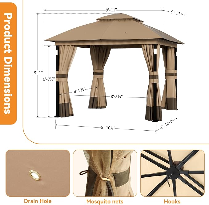 Patio Gazebo 10'x10' with LED Lights & Bluetooth Speaker, Heavy Duty Outdoor - Image 3