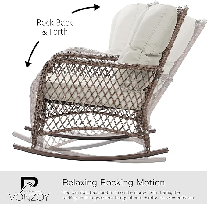 Patio Furniture Set 3 Pieces, Wicker Outdoor Rocking Bistro Set, Pale White | - Image 3