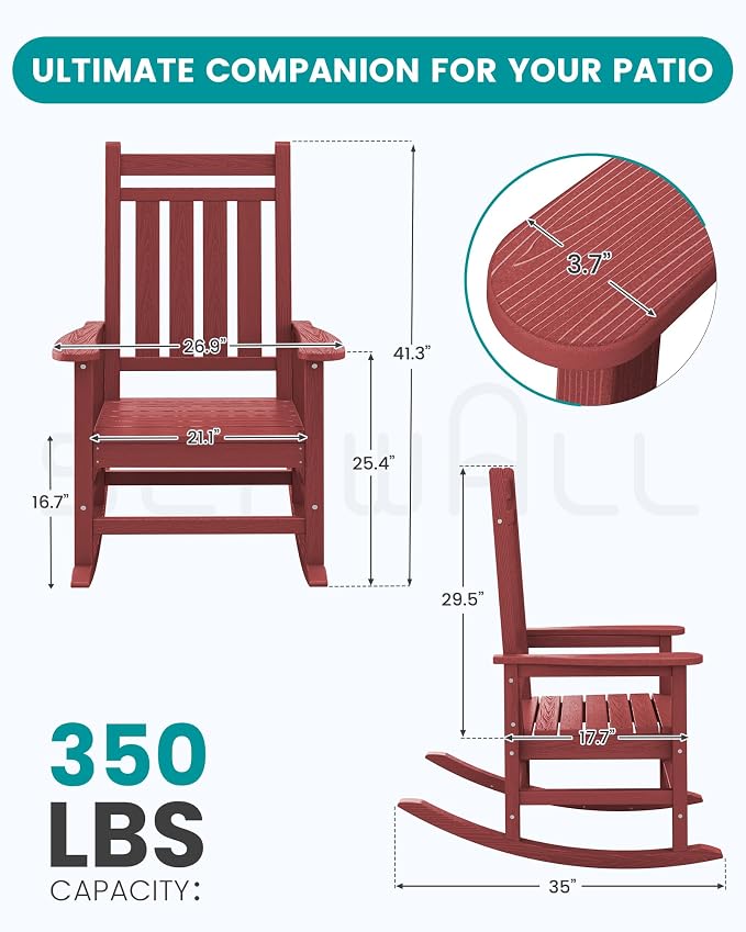 SERWALL Rocking Chair Set of 2, HDPE Rocker, Crimson Red | 21.1" Widened Seat - Image 3