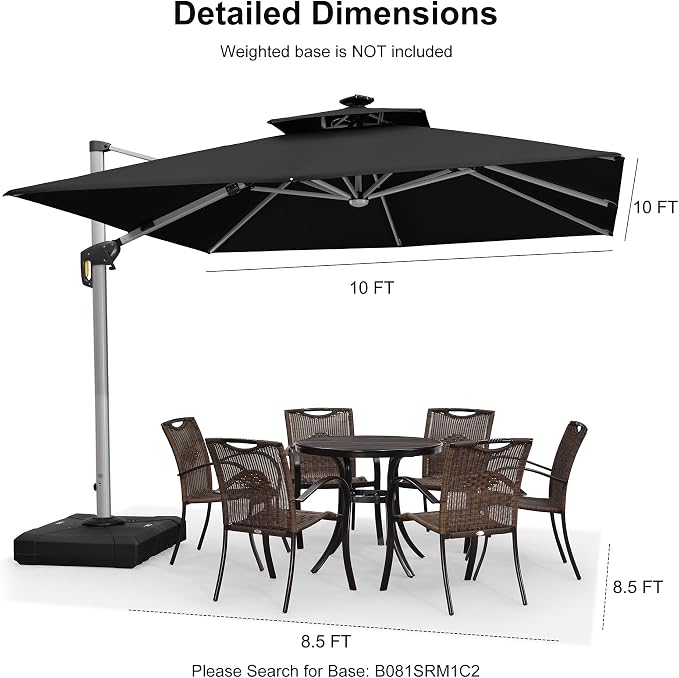 PURPLE LEAF Cantilever Umbrella 10' X 10' Double Top Solar LED Light, Stays - Image 9