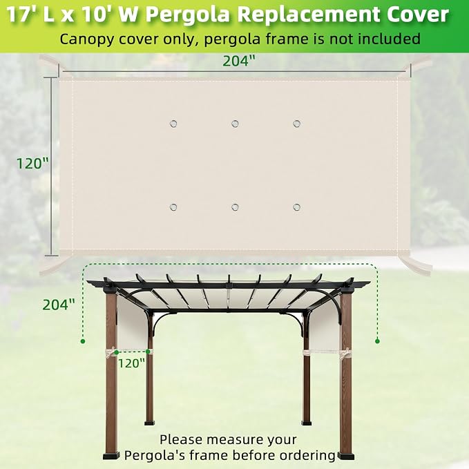 NOVINO Pergola Replacement Canopy, 17x10ft Waterproof Pergola Shade Cover | - Image 2