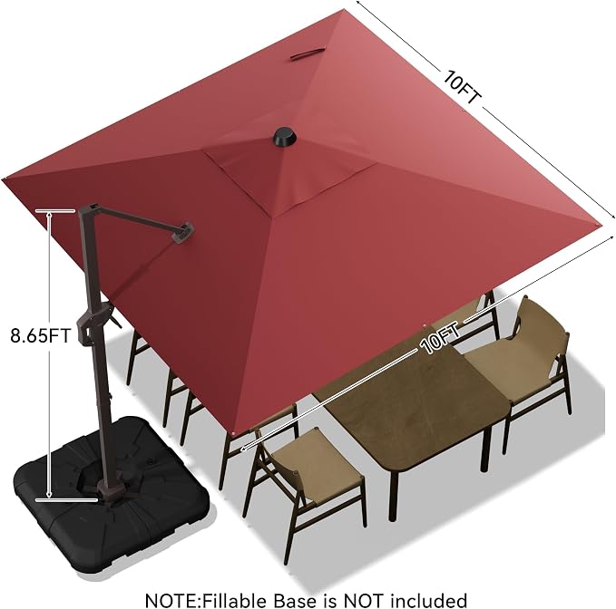 10x10FT Cantilever Outdoor Umbrella, 360° Rotating Large Offset Square Patio - Image 3