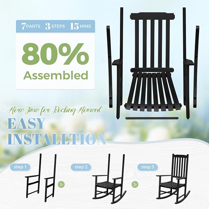 Flamaker Acacia Wood Outdoor Rocking Chairs Set of 2 | Black Rocking Chairs Set - Image 4