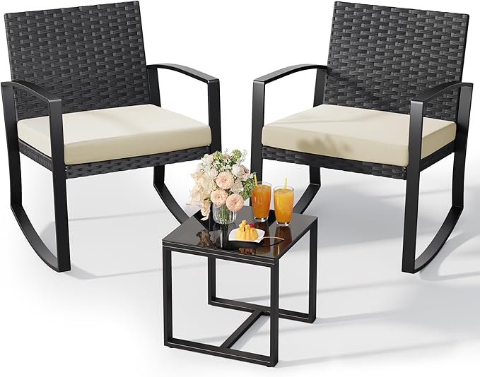 Qsun 3 Pieces Porch Furniture Set Patio Rocking Bistro Set Outdoor Patio Chairs by Qsun