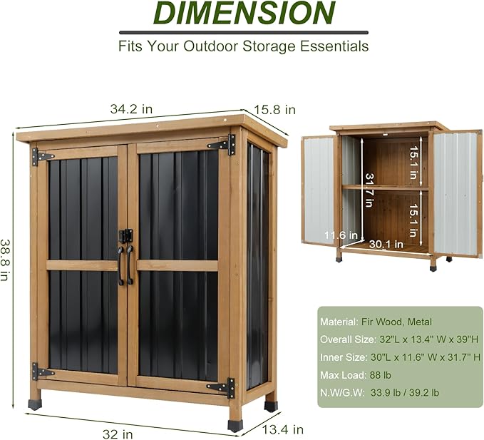 Ketive Small Outdoor Storage Cabinet Wood & Metal, Small Garden Tool Storage - Image 3