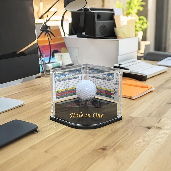 Golf Ball Display Case for Hole-in-One Golfer. Black Ball Throne with Golden Stamp. 2X Background Frames on Each Side of Cambered Cover. Pencil Holder, Adhesive Dots All Included, No Assembly