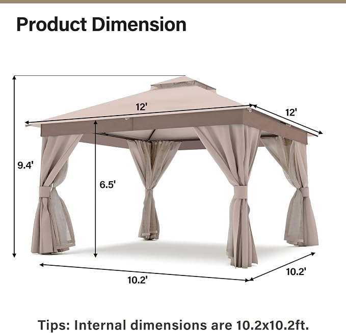 12'x12' Outdoor Gazebo, Metal Frame Heavy Duty Patio Canopy Tent Shelter - Image 2