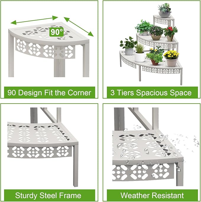 aboxoo 3-Tier Metal Plant Stand, Quarter Round Stair-Step Corner Shelf | Holds - Image 4