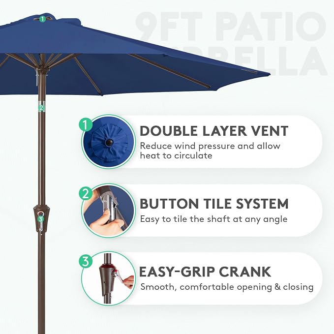 JEAREY 9FT Outdoor Patio Umbrella, Market Umbrella, Dark Blue | Outdoor Table - Image 2