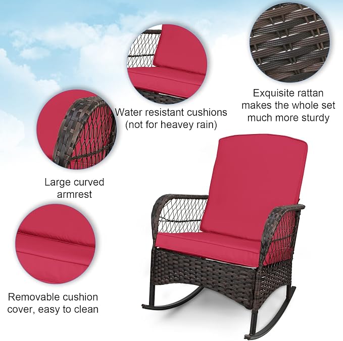 3 pcs Rocking Bistro Set Conversation Chairs PE Wicker Outdoor Rocking Chairs & - Image 5